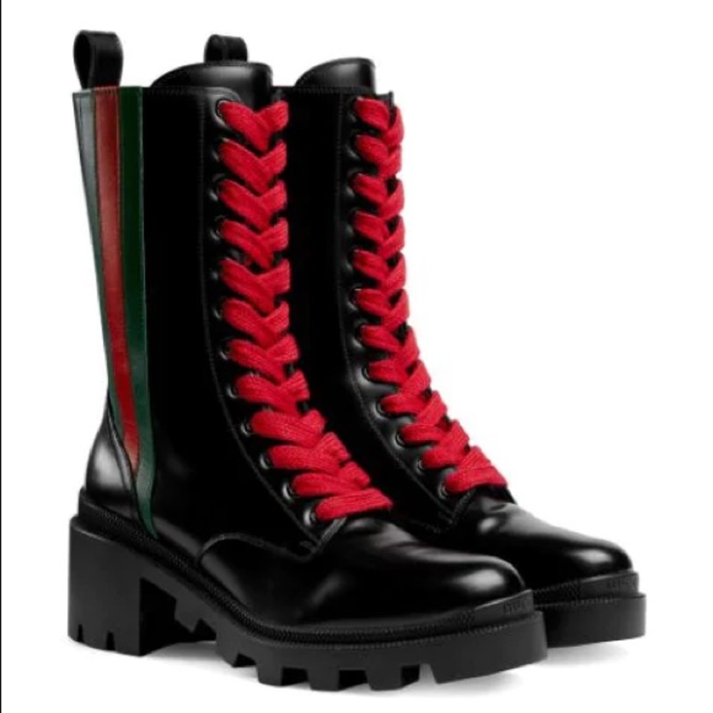 Gucci Trip Striped Glossed-Leather Boots